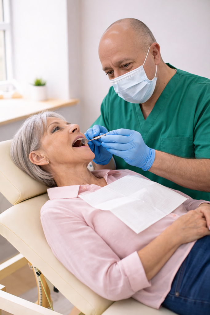 ד"ר לדרמן בקליניקה – בדיקה וייעוץ דנטלי למטופלת בכיסא טיפולים, באווירה רגועה ומקצועית לפני טיפול שיקומי