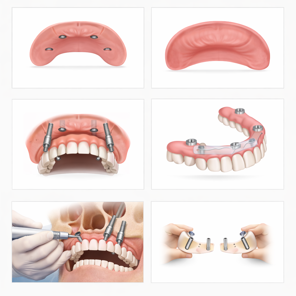 ד"ר לדרמן – איור רפואי המדגים השתלת שתלים זיגומטיים בלסת העליונה, כולל עיגון השתלים בעצם הזיגומה ושלבי השיקום הקבוע